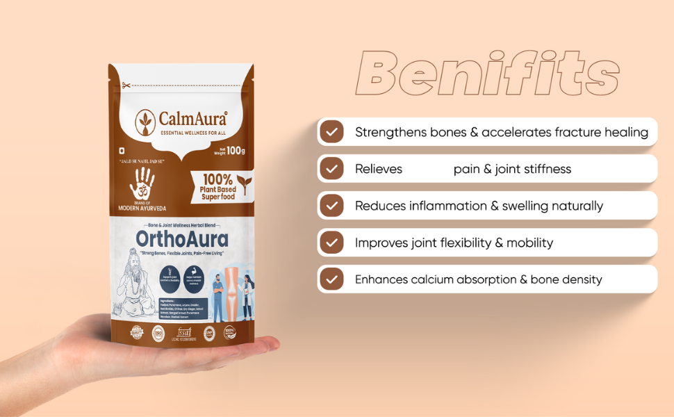 CalmAura OrthoAura Ayurvedic Bone & Joint Support Powder 100g | Herbal Joint Pain Relief, Arthritis Care, Bone Strength & Mobility Formula with Hadjod Punarnava Shallaki | Vegan