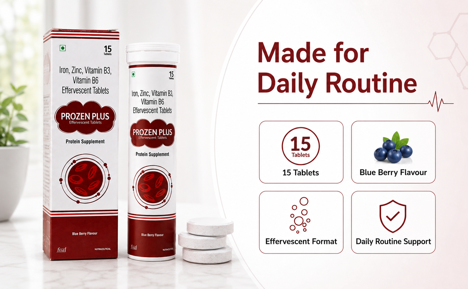Prozen Plus Effervescent Tablets | Iron, Zinc, Vitamin B3 & Vitamin B6 | Blue Berry Flavour Fizzy Wellness Drink | Daily Nutritional Support | 15 Tablets
