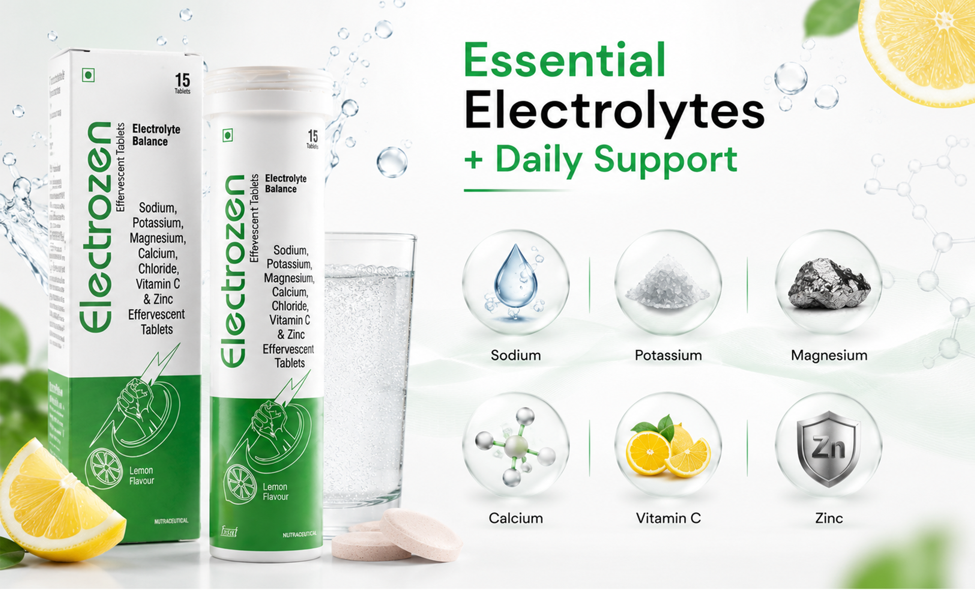 Electrozen Electrolyte Effervescent Tablets | Sodium, Potassium, Magnesium, Calcium, Vitamin C & Zinc | Lemon Flavor Hydration Drink | 15 Tablets