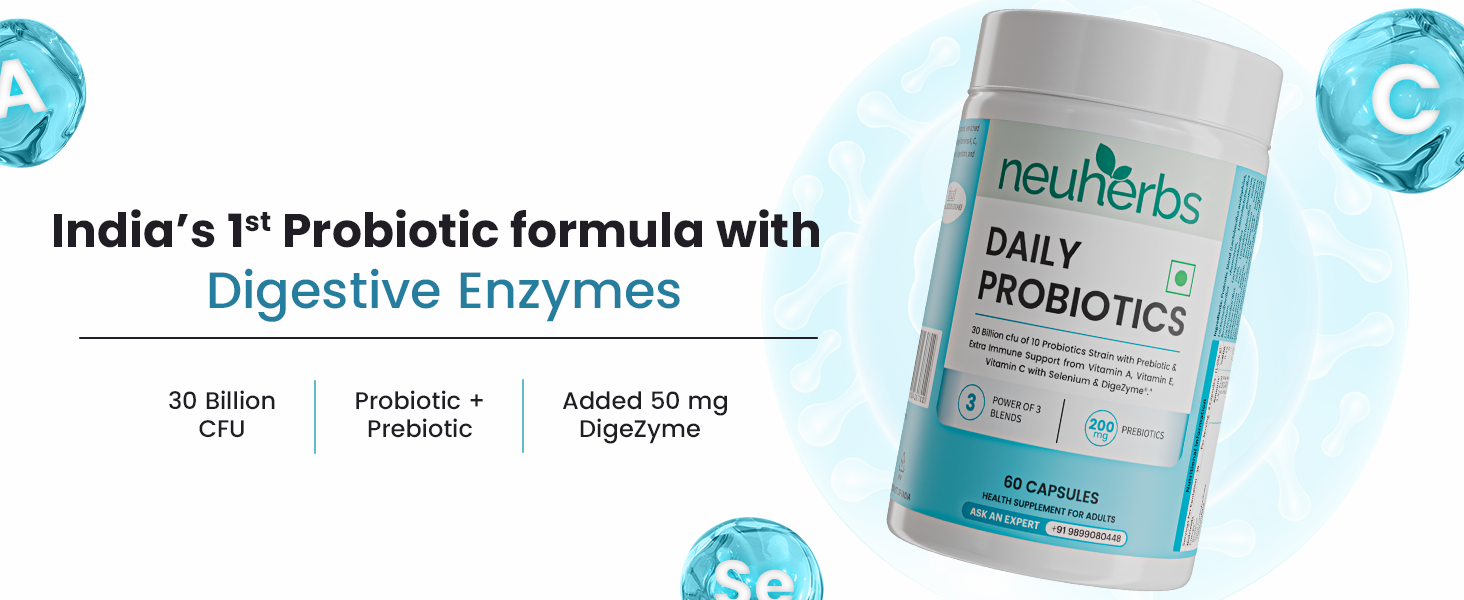 Neuherbs Daily Probiotics 30 Billion CFU with Prebiotics |Probiotics with Vitamin A, C & Selenium| Multi Strain Probiotic Capsules for Gut Health, Digestion, Immunity & Bloating Relief | 60 Capsules