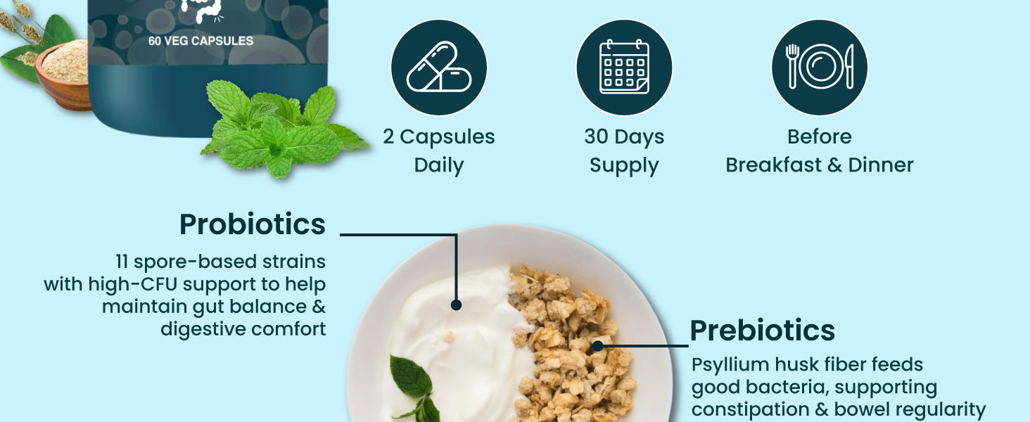 ZEROHARM Gut Army Probiotics Constipation & IBS - With Prebiotics, Psyllium Husk & Pipperment Extract - Improves Digestion & Gut, Colon Cleanse, Bloating Relief - for Men & Women - 120 Veg Capsules
