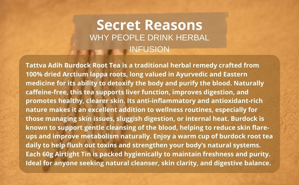 Tattva Adih Burdock Root Drink 60g, 40+ Cups | Natural Herbal for Skin Health, Digestion & Liver Support | Caffeine-Free Dried Powder in Airtight Tin (60 g, Burdock Root Drink)