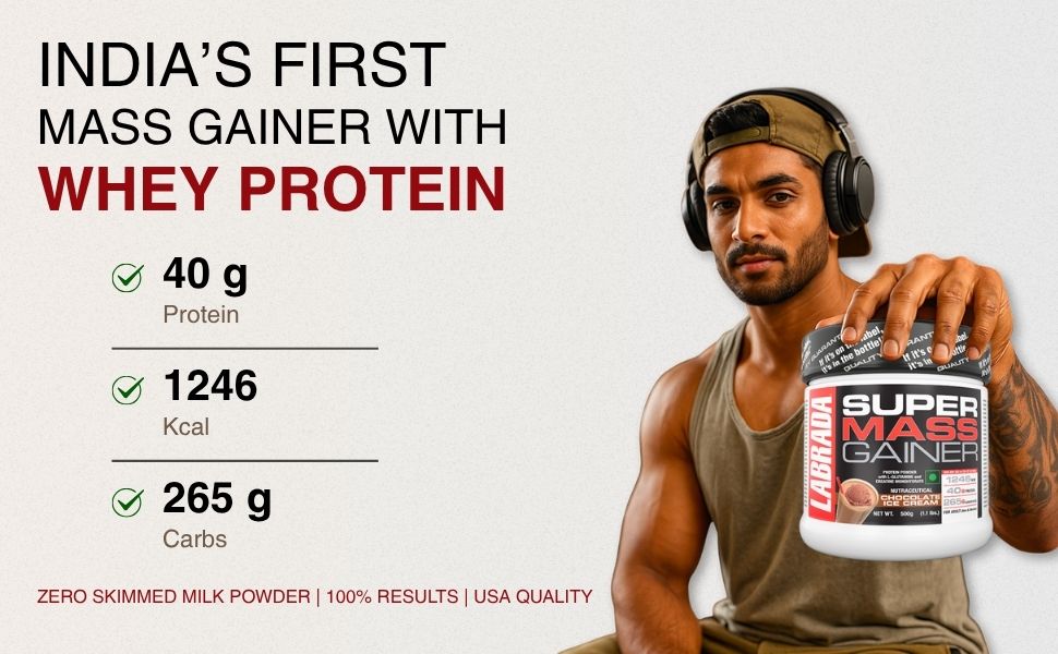 Labrada Super Mass Gainer Weight Gainer Powder | 40g Protein & 256g Carbs per Serving | High Calorie Muscle Mass Gainer for Weight Gain & Muscle Building | Chocolate Ice Cream Flavor | 5kg