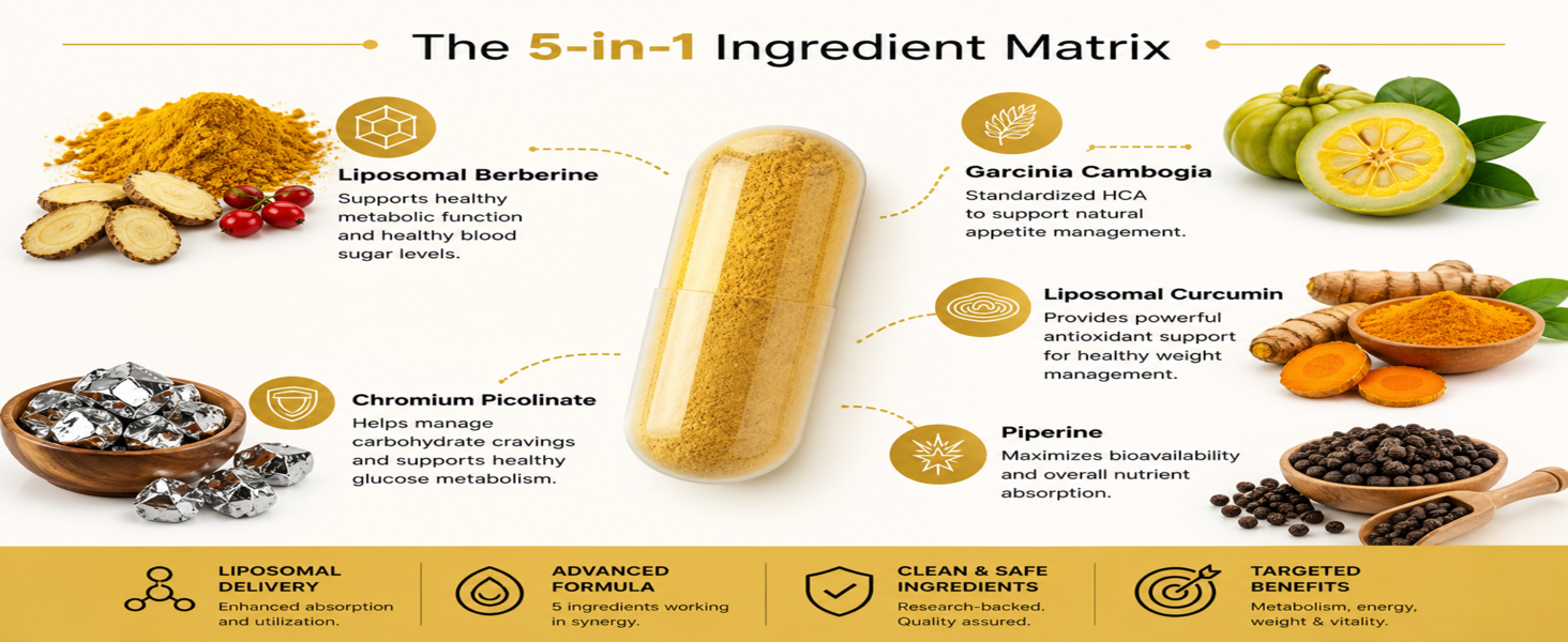 GLP1-MITO | 5-in-1 Weight Management Supplement | Liposomal Berberine, Chromium Picolinate, Garcinia Cambogia & Liposomal Curcumin with Piperine | 30 Veg Caps GLP-1 Supplement