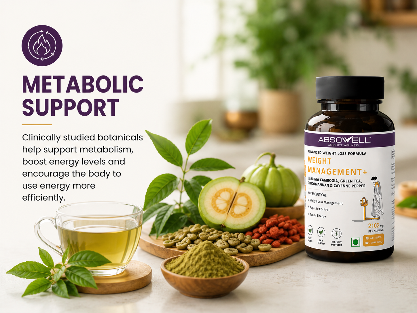 Weight Management Tablets [60 Capsules] – Garcinia Cambogia, Glucomannan & Plant-Based Ingredients | Supports Appetite Control, Metabolism & Healthy Weight Management | Herbal Dietary Supplement