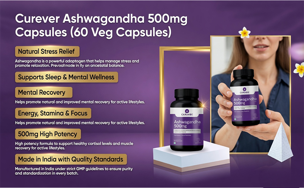 Curever Ashwagandha 500mg Capsules | Stress Relief, Sleep Support & Energy | Ayurvedic Adaptogen Supplement for Men & Women | Supports Immunity, Stamina & Muscle Recovery | 60 Veg Capsules