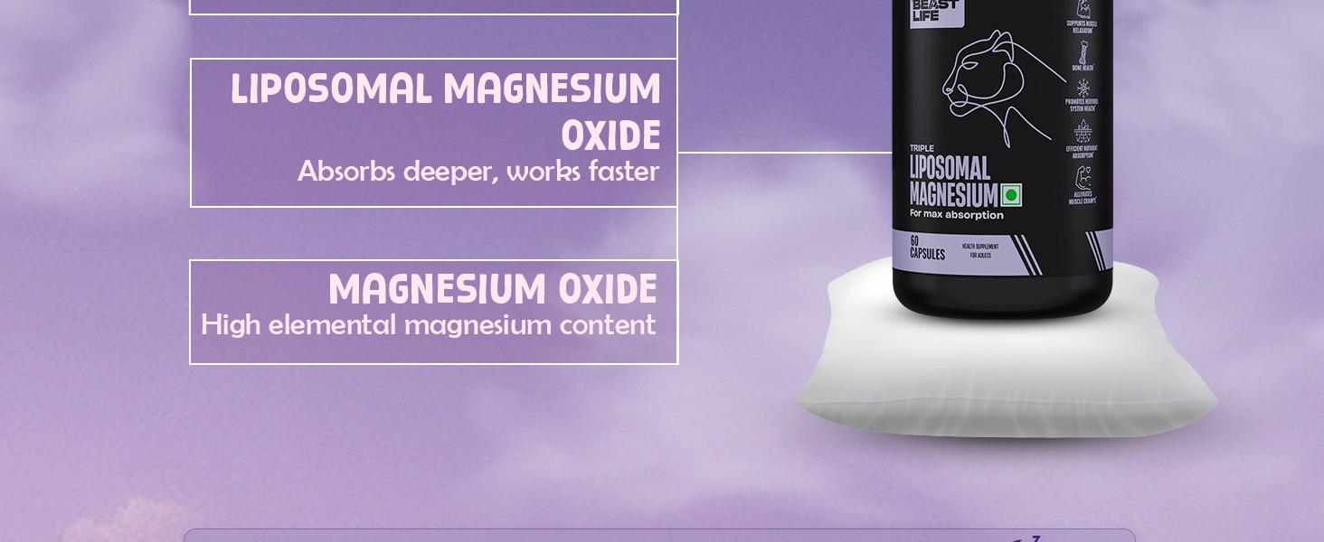 BeastLife Triple Liposomal Magnesium | 3-in-1 Formula with Magnesium Glycinate, Magnesium Oxide & Liposomal Magnesium Oxide | Maximum Absorption | Supports Sleep, Stress & Mood | Muscle, Bone & Nerve Health | 60 Capsules