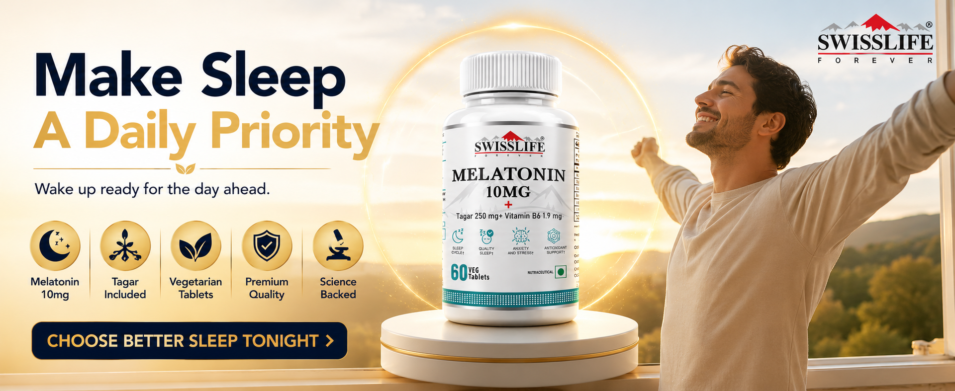 SwissLife Forever Melatonin 10mg Tablets (60 Veg Tablets) | With Tagar (Valerian) & Vitamin B6 | Sleep Support Supplement for Men & Women | Helps Relaxation, Jet Lag & Sleep Cycle Balance