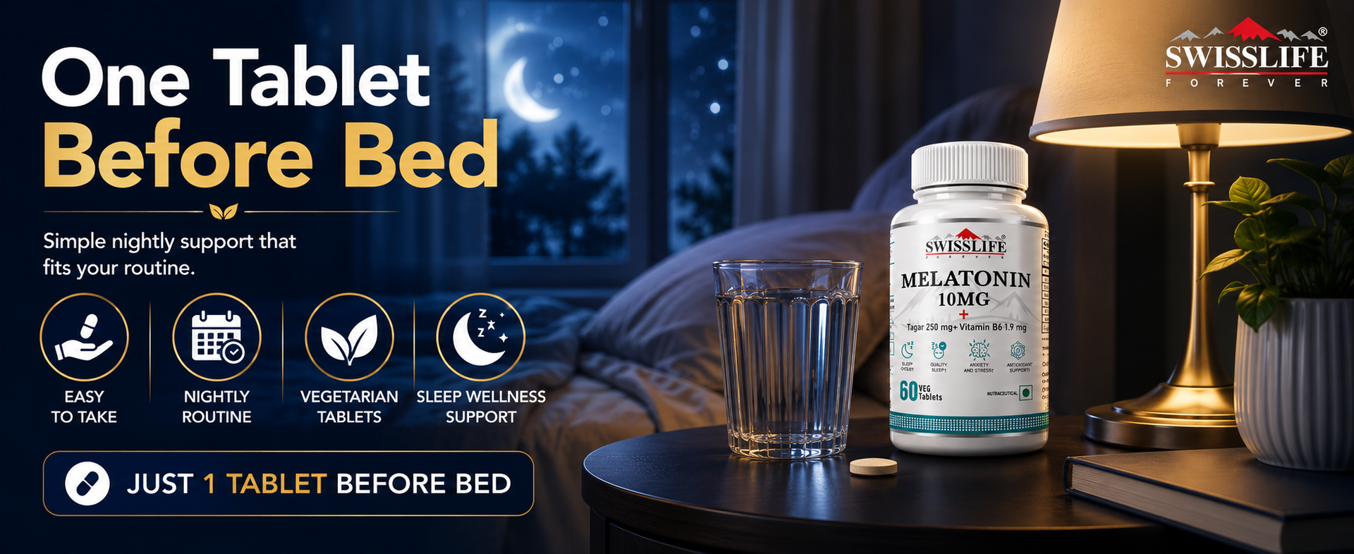 SwissLife Forever Melatonin 10mg Tablets (60 Veg Tablets) | With Tagar (Valerian) & Vitamin B6 | Sleep Support Supplement for Men & Women | Helps Relaxation, Jet Lag & Sleep Cycle Balance