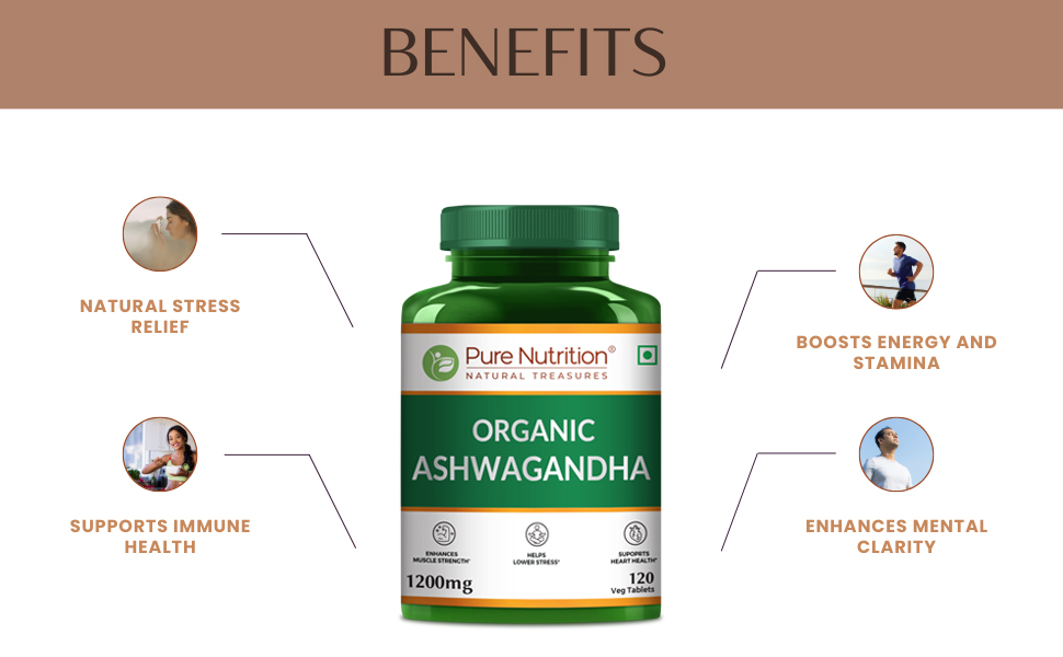 Pure Nutrition Organic Ashwagandha Tablets for Men & Women | Ashwagandha Supplements Ayurvedic Supports Stress Relief, Sleep, Fertility, Immune Health, Vitality & Strength | Promotes Energy & Overall Wellness - 120 Veg Tablets