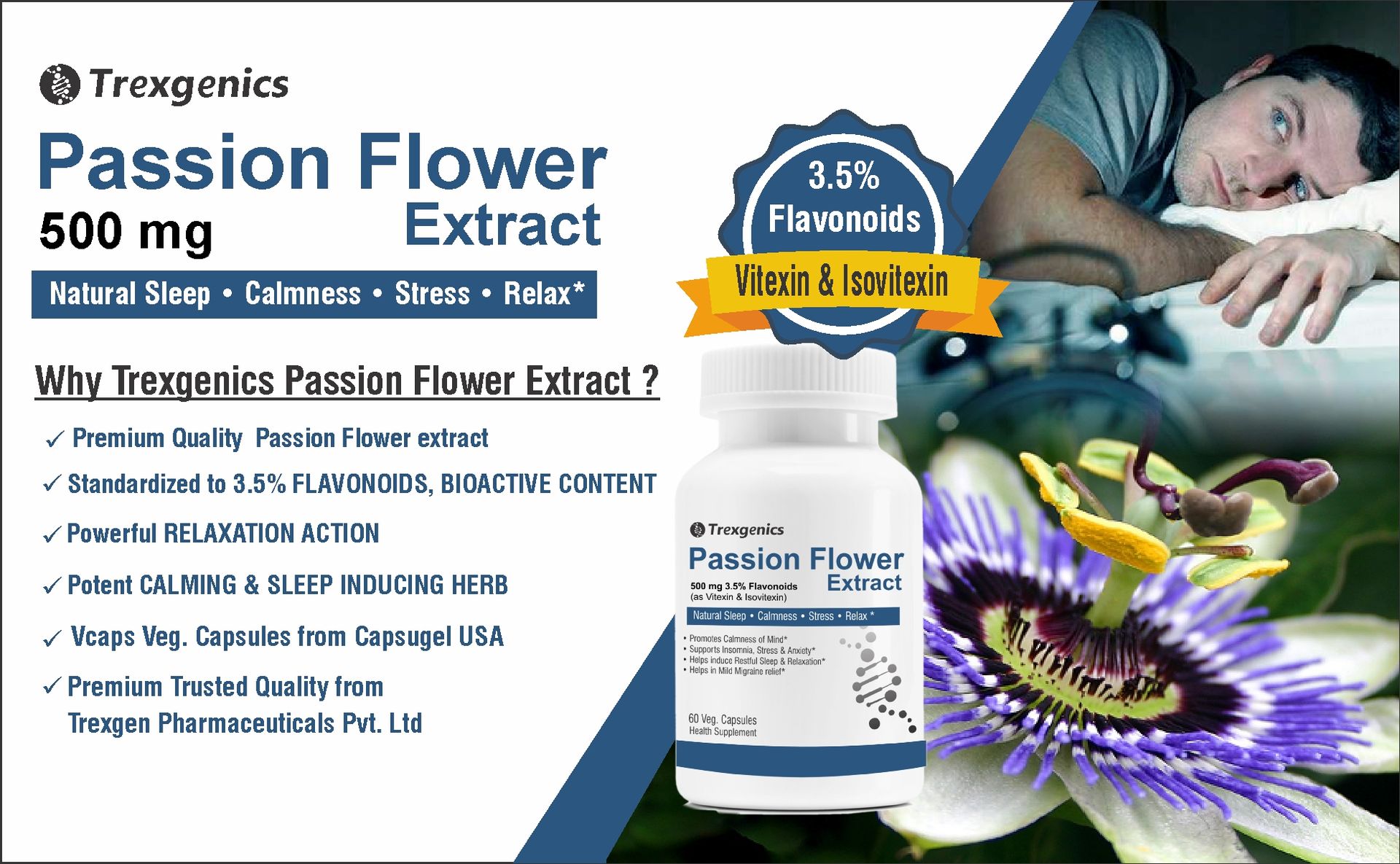 Trexgenics PASSION FLOWER (3.5% Flavonoids as Vitexin/Isovitexin) 500mg Natural Sleep, Calmness, Stress, Relax (60 Vcaps) (1)