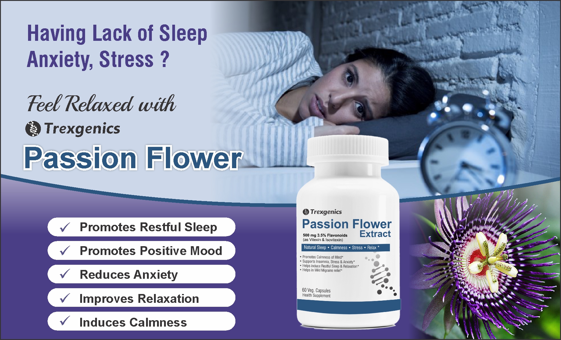 Trexgenics PASSION FLOWER (3.5% Flavonoids as Vitexin/Isovitexin) 500mg Natural Sleep, Calmness, Stress, Relax (60 Vcaps) (1)