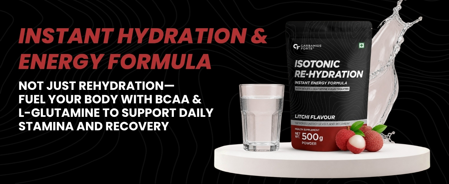 Carbamide Forte Isotonic Powder | Pre Workout Supplement For Men And Women| Instant Energy Drink for PreWorkout | Electrolytes Powder with added BCAA & L Glutamine - Litchi Flavour - 500g (Pack of 2)
