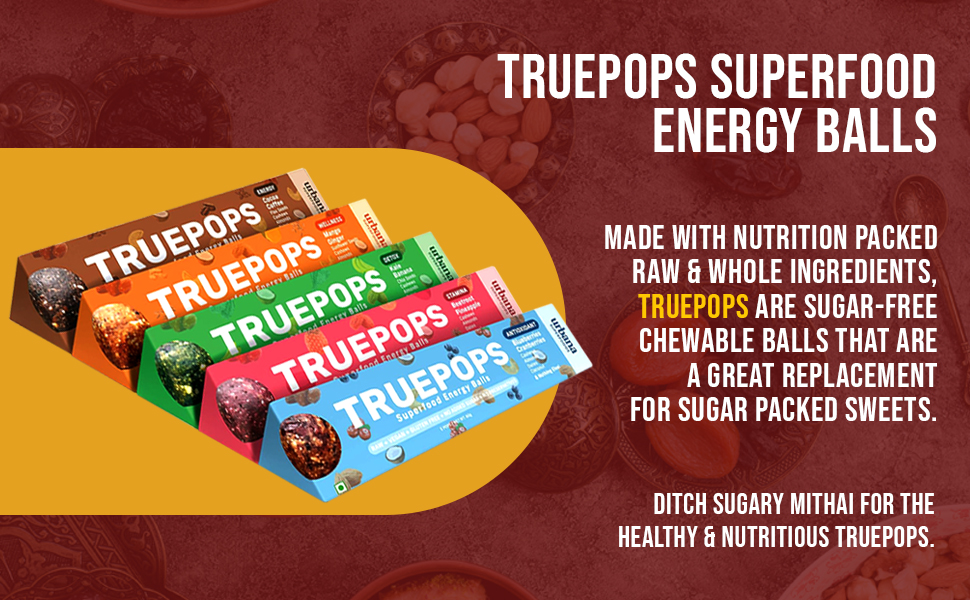 Urbana Superfoods Truepops Energy Balls | Healthy Vegan Snack | Mango Ginger Flavor | Gluten Free, Keto Friendly | Natural Superfood Bites | 240g (4 x 60g)