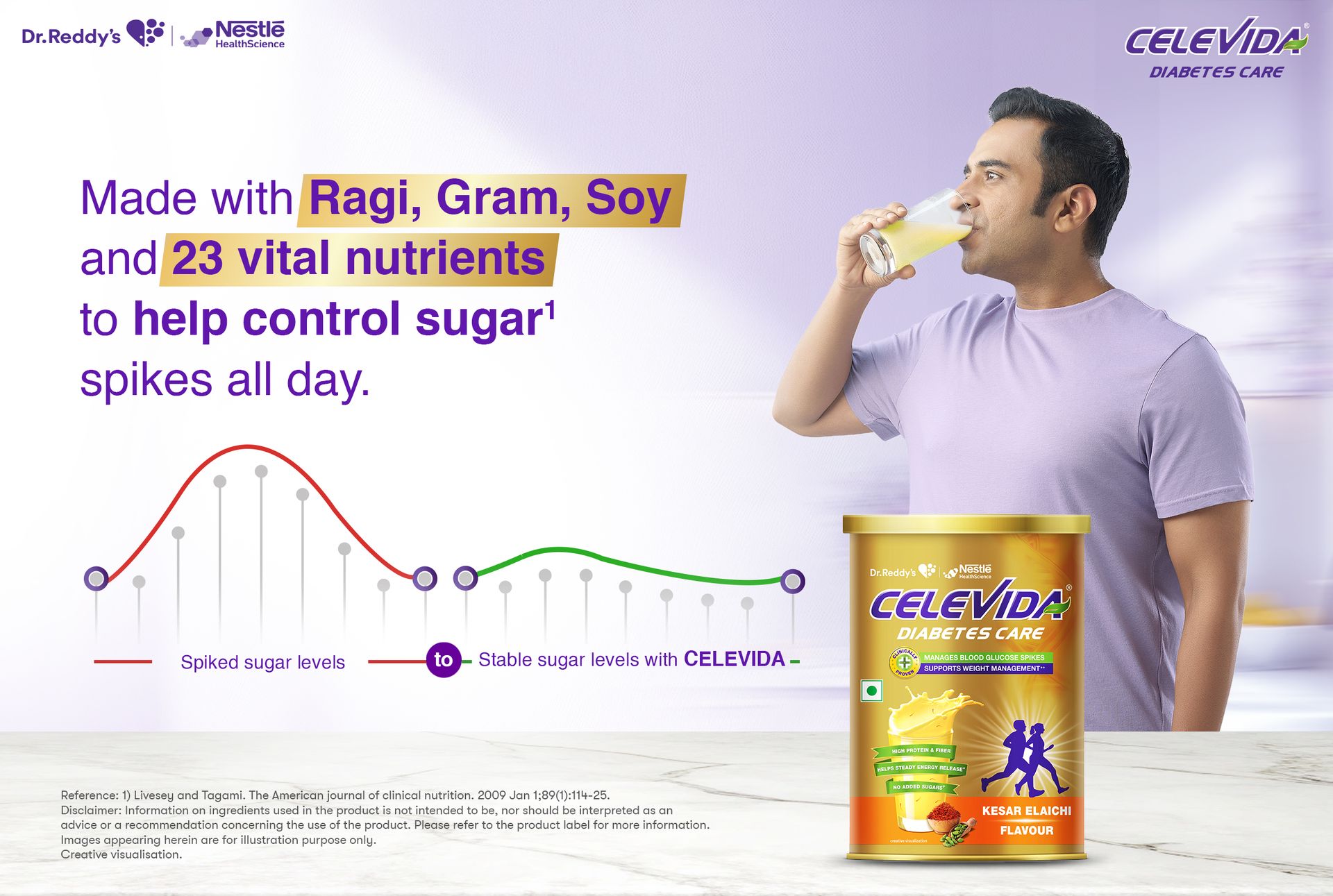 Celevida Diabetes Nutrition I Clinically proven I Helps in 24-Hr Sugar Control I Kesar Elaichi Flavor 400g Powder I Plant based protein & Dual blend high fiber I No Added sugar I By Dr. Reddy’s Nestle Health Science I Tin pack