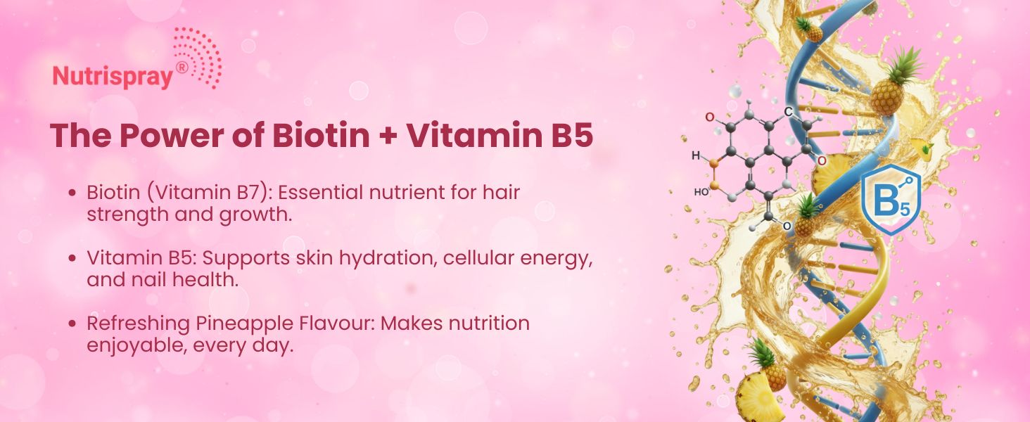 Hair Biotin Oral Spray – 25ml (Pack of 1) | Biotin (B7) + Vitamin B5 | Supports Hair Growth, Stronger Nails & Skin | Fast-Absorbing Sublingual Supplement | Pineapple Flavour