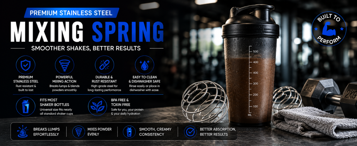 Stainless Steel Protein Shaker Mixing Spring | Replacement Blender Whisk Coil | Universal Fit for Most Shaker Bottles | Rust Resistant | Reusable | For Whey, Protein Powder, BCAA, Pack Of 2