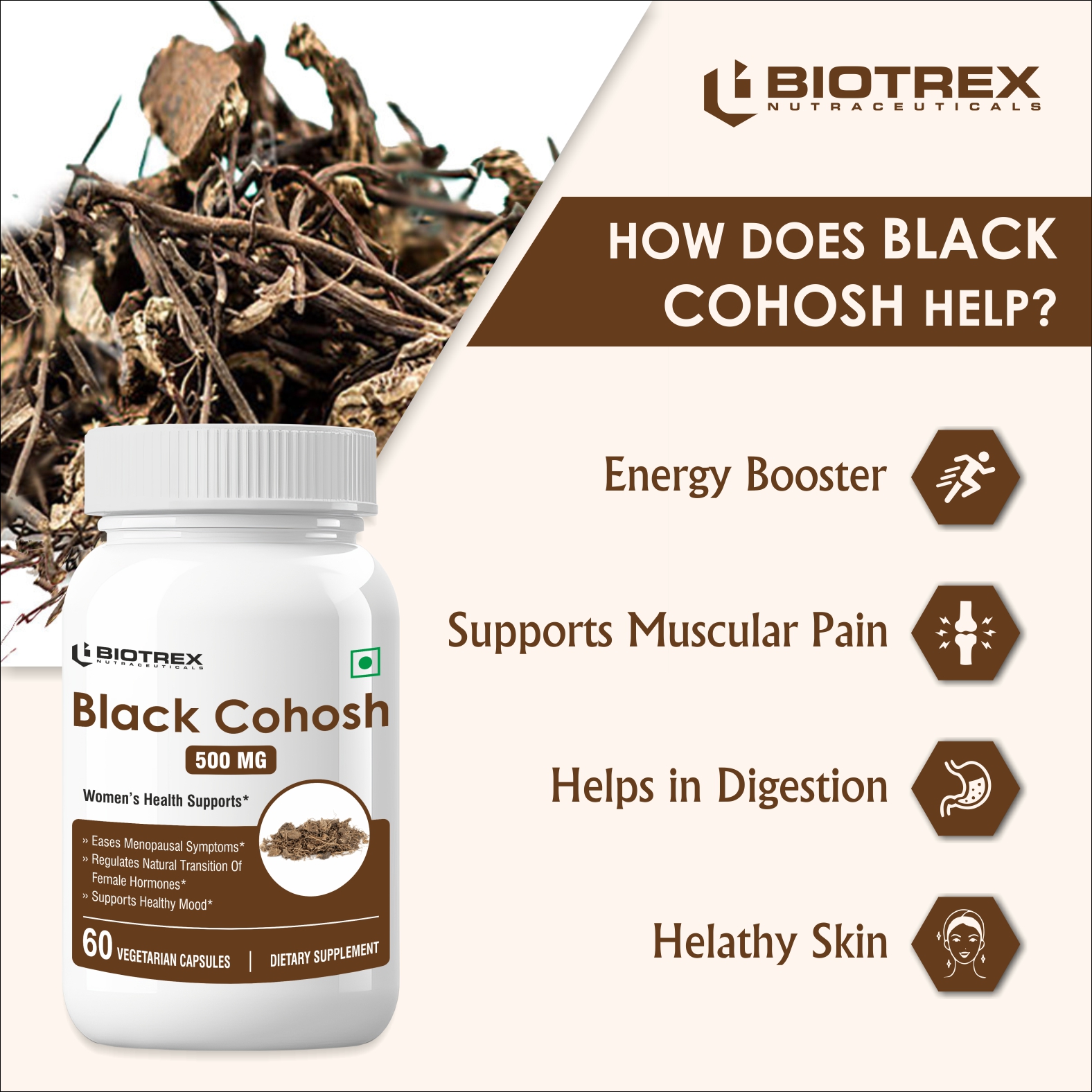 Biotrex Nutraceuticals Black Cohosh (10:1) 500mg | Supports Mood Balance & Hot Flashes | Overall Wellbeing & Bone Health | Non-GMO & Gluten Free | 60 Veg Capsule