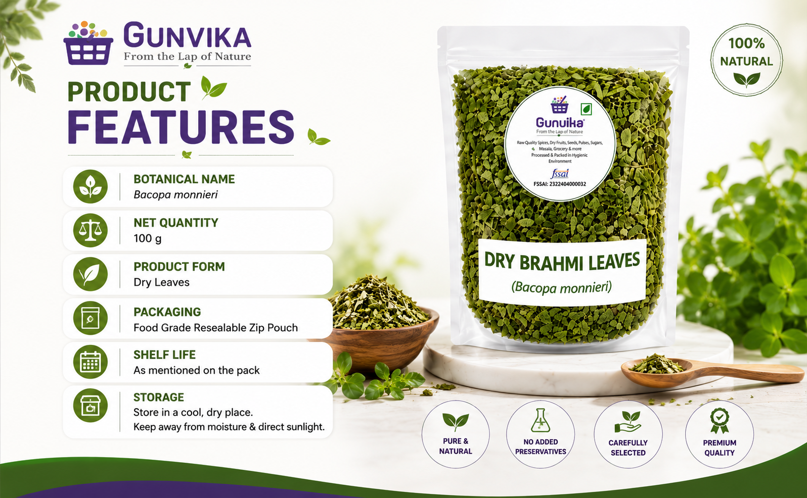 Dry Brahmi Leaves | Brahmi Herb (Bacopa Monnieri) | Natural Ayurvedic Brahami Dry Leaves for Herbal Tea & Kadha | Pure Dried Brhami Patti - 100 gm