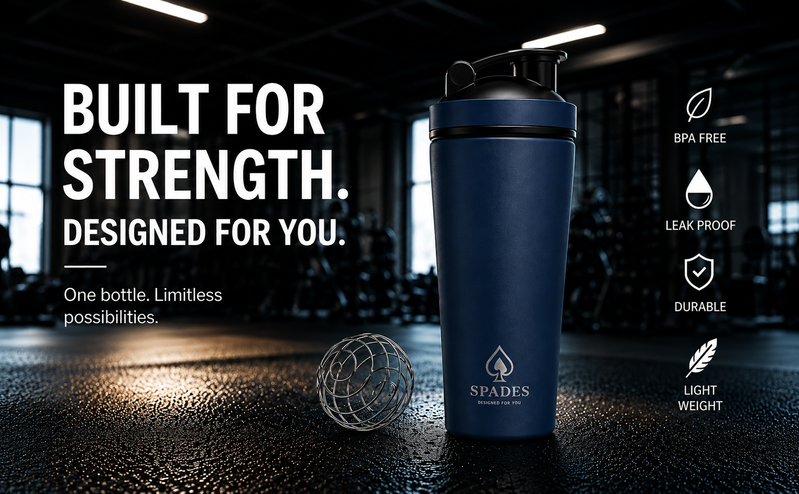 SPADES 750ml Stainless Steel Protein Shaker Bottle with Mixing Ball | Leak Proof Gym Shaker for Protein & Pre Workout Drinks gym bottle shaker for gym (Blue)