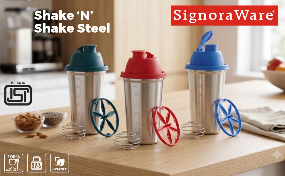 SignoraWare Shake N Shake Stainless Steel Shaker | Leakproof | Measurement marking| Perfect for fitness Enthusiast & Athletes | Ideal for mixing protein shakes & Pre-workout formula (650ml | Black)