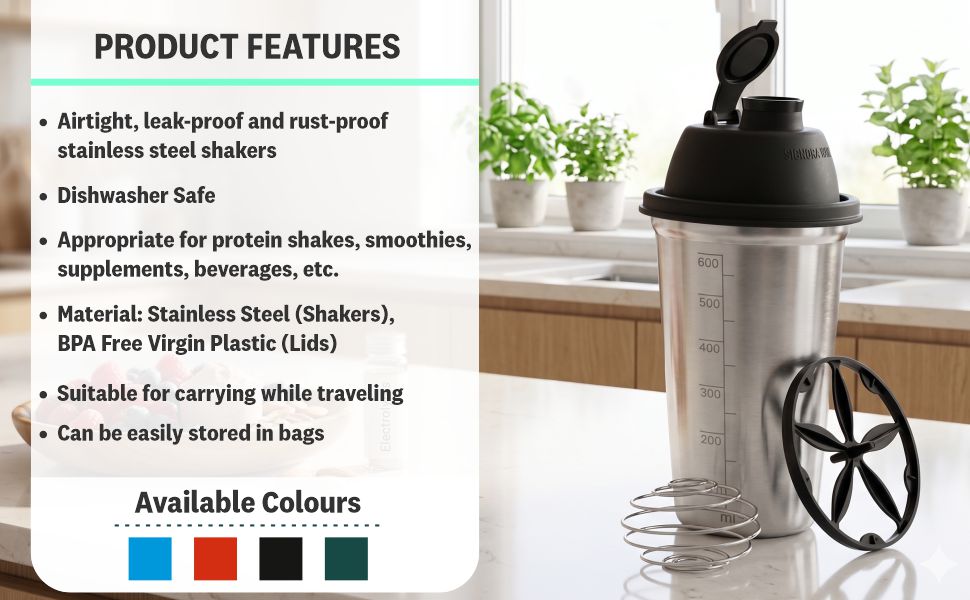SignoraWare Shake N Shake Stainless Steel Shaker | Leakproof | Measurement marking| Perfect for fitness Enthusiast & Athletes | Ideal for mixing protein shakes & Pre-workout formula (650ml | Black)
