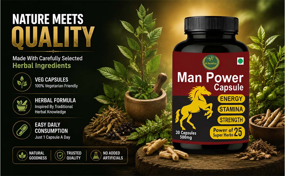 Dr. Playmore Herbal Man Power Capsules | Men’s Energy & Stamina Booster with 25 Ayurvedic Herbs | 30 Capsules