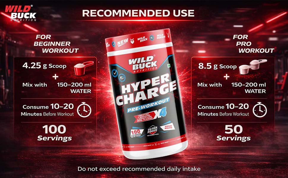 Wild Buck Hyper Charge Pre-X4 Hardcore Pre-Workout Supplement with Creatine Monohydrate, Arginine AAKG, Beta-Alanine & Muscle Pump Formula | Caffeinated Punch for Explosive Energy, Focus & Strength [100 Servings, Virgin Mojito]