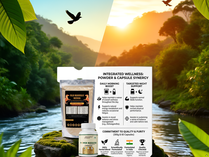 Raja Maharaja Nuskha Men’s Vitality & Energy Support Combo | Herbal Wellness Powder 300g + Power Booster Capsules 60 Count | Stamina, Strength & Daily Wellness Supplement