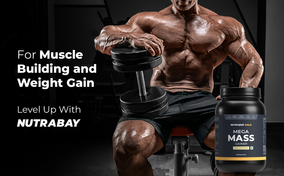 Nutrabay Gold Mega Mass Gainer Powder - 1kg, Rich Chocolate Creme | 100% Veg | 40.7g Protein, 122g Carbs, 714 Calories | Muscle Building & Weight Gainer Supplement for Men & Women