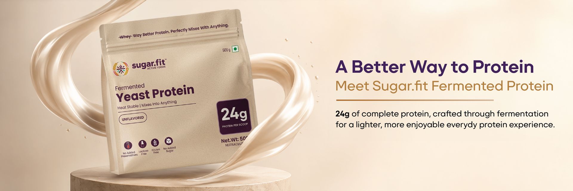 Sugar.fit | Active Foods Fermented Yeast Protein Powder, Unflavored, 24g Protein per Scoop, Heat Stable, Gluten Free, Lactose Free, No Added Sugar, Vegan, 500g (Pack of 2)