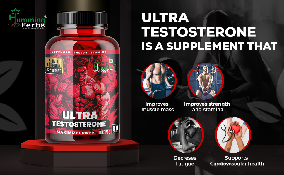 Humming Herbs Ultra Testosterone support for men| Muscle Growth, Energy and Performance with | Tongkat Ali, Tribulus,Arginine and Horny Goat Weed | | 6in1 | 12410 eqv |90 Capsules |, 80 grams
