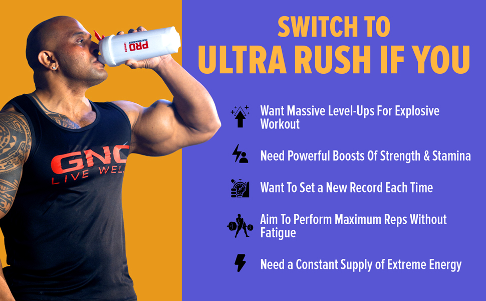 GNC AMP Gold Series Ultra Rush Pre-Workout | 450 gm | 30 Servings | Maximum Energy & Stamina | Deep Mental Focus | Powerful Muscle Pump | 4.5g Beta-Alanine | 1.5g L-Citrulline | 2.5g L-Arginine | Fruit Punch