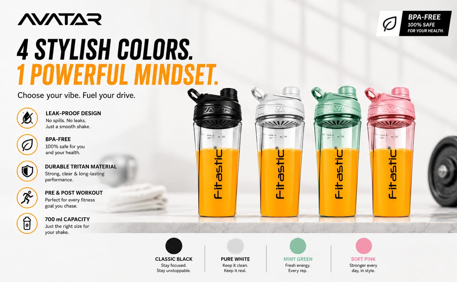 Avatar Leak-Proof, BPA-Free for Pre & Post-Workout 700 ml Tritan Shaker (Pack of 1, Light Green)