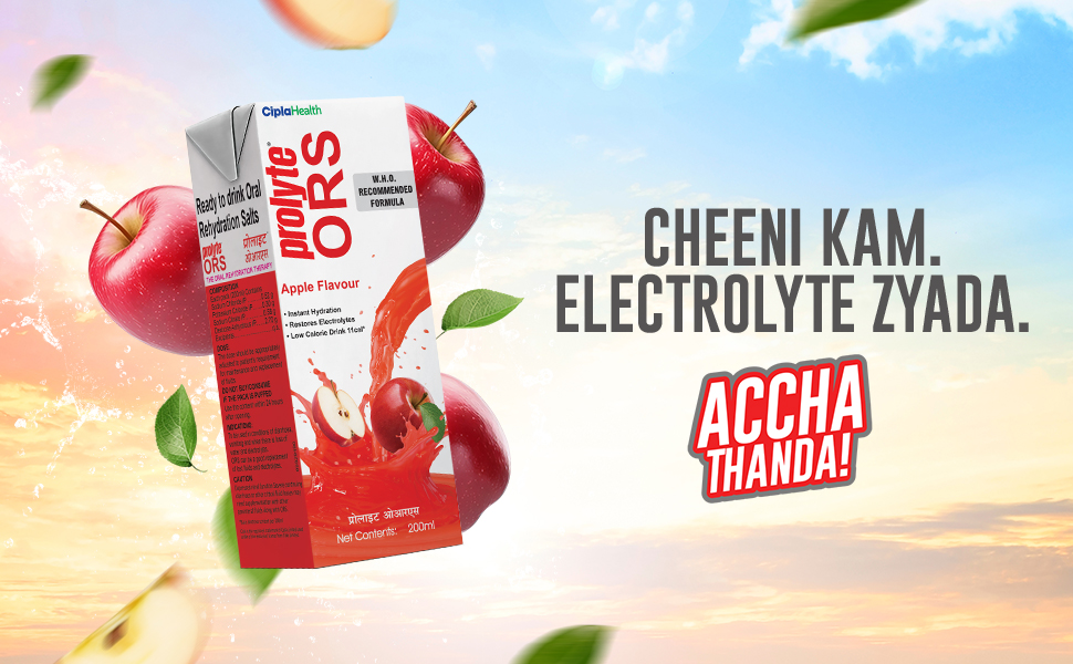 Cipla Prolyte Ors Ready To Drink Oral Rehydration Contains Vital Electrolytes | Restores Body Fluids & Electrolytes Lost Due To Sweating, Diarrhea & Vomiting | Who Formula (Apple, Pack Of 10, Liquid)