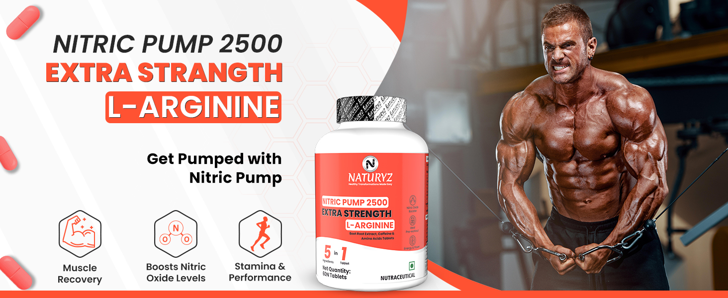 NATURYZ Nitric Pump 2500 Mg Extra Strength L-Arginine | L Citrulline | Caffeine | Boosts Stamina | Energy | Increases Blood Flow | Improves Performance | Ideal Pre-workout Supplement for Men & Women - 90 Tablets