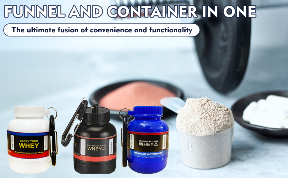 NEW 2024 Whey Bottle Combo - Small Portable Protein Container With Key-Chain, Supplement Powder Carrying Funnel, 30 ml Flask (Pack of 5)