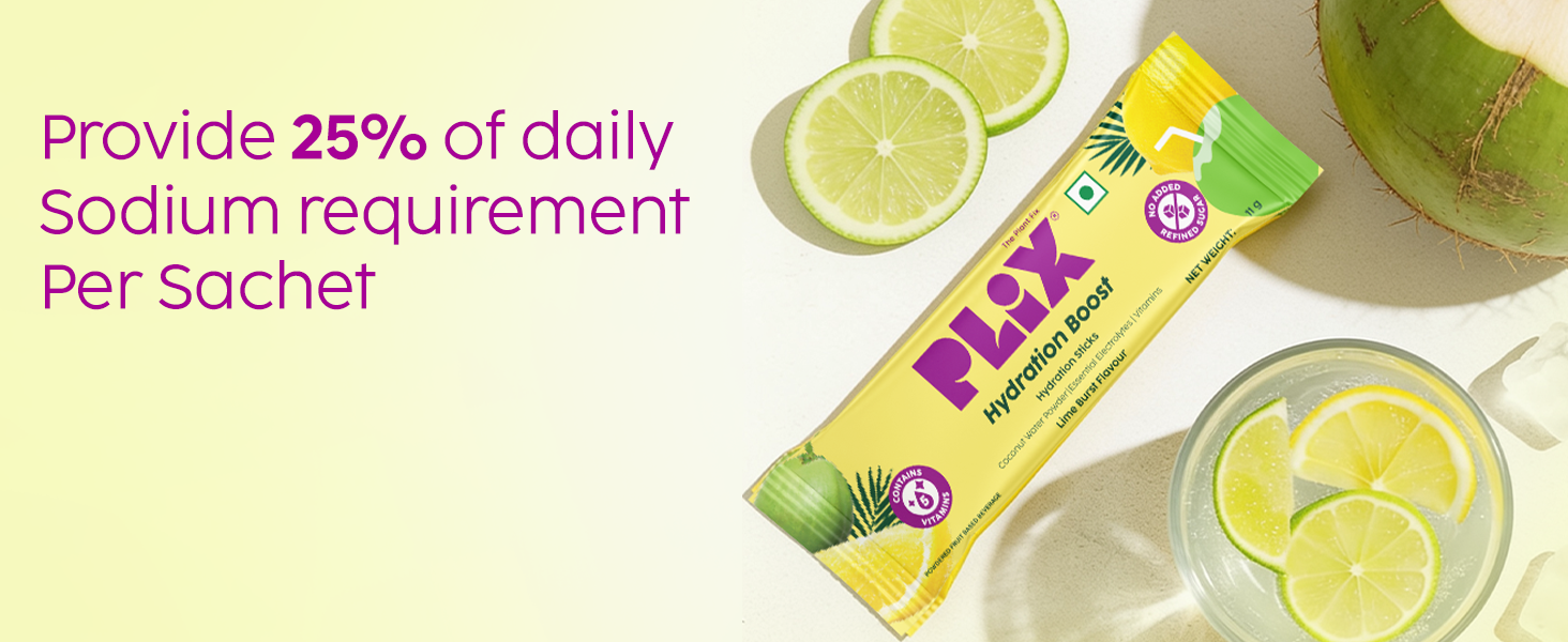 Plix Hydration Boost Electrolyte Powder | Hydration Drink Mix with Coconut Water, Sodium & Potassium | Lime Burst Flavour| Supports Energy, Hydration & Recovery | Pack of 30 | No Added Refined Sugar