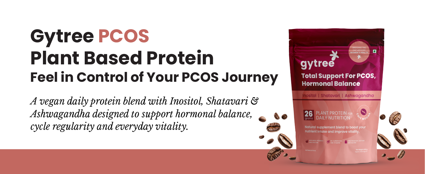 Gytree PCOS Plant Protein Powder | With Inositol for Hormonal Balance, Weight Management & Acne Support | 26g per Serving of Vegan Protein from Pea & Brown Rice | Cafe Mocha Flavor (400g)