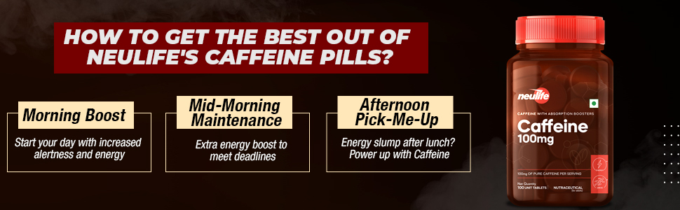 Neulife Caffeine 100mg Tablets | Pure Caffeine with Absorption Boosters | Pre workout supplements | Supports Weight Management ( 100 capsules), 1 count