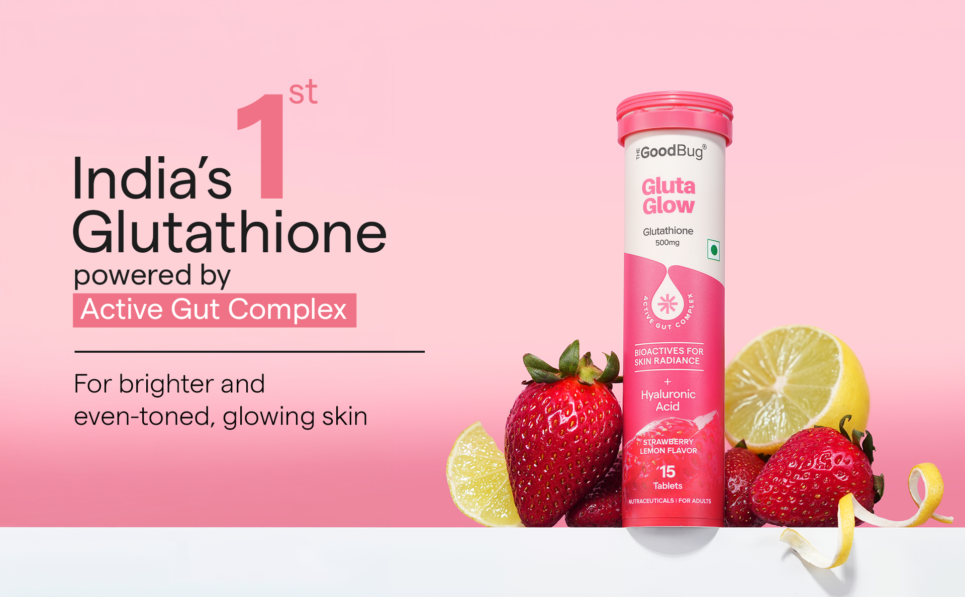 The Good Bug Gluta Glow Effervescent Tablets for Skin Glow | 30 Tablets | 500 mg L-Glutathione, Vitamin C, Hyaluronic Acid For Radiant Skin & Anti-Pigmentation | Strawberry Lemon | No Added Sugar