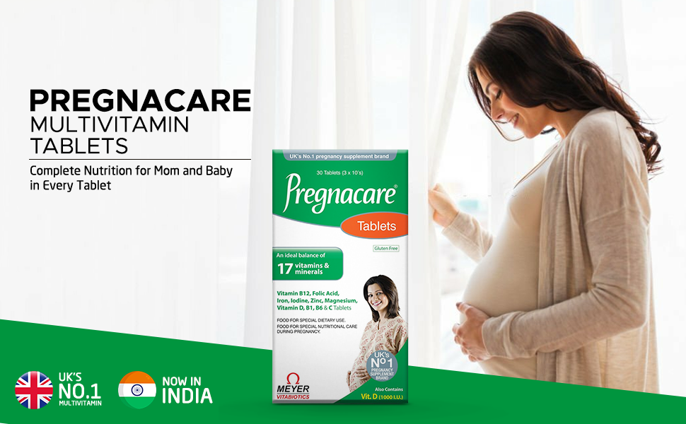 Pregnacare Multivitamin tablets for women with 17 vitamins, Iron, Vitamin B12, Folic acid for healthy & nutritional care during pregnancy | Gluten free vegetarian multivitamin tablets