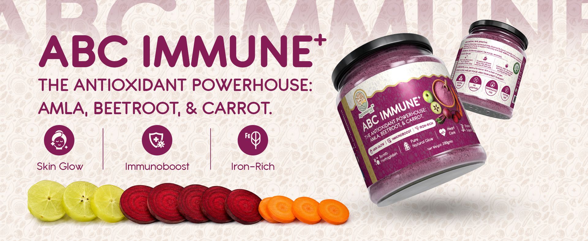 ABC Juice Powder (Amla Beetroot Carrot) | Immunity Booster, Iron Rich Superfood | Skin Glow & Energy | Natural Health Drink Mix | 200g