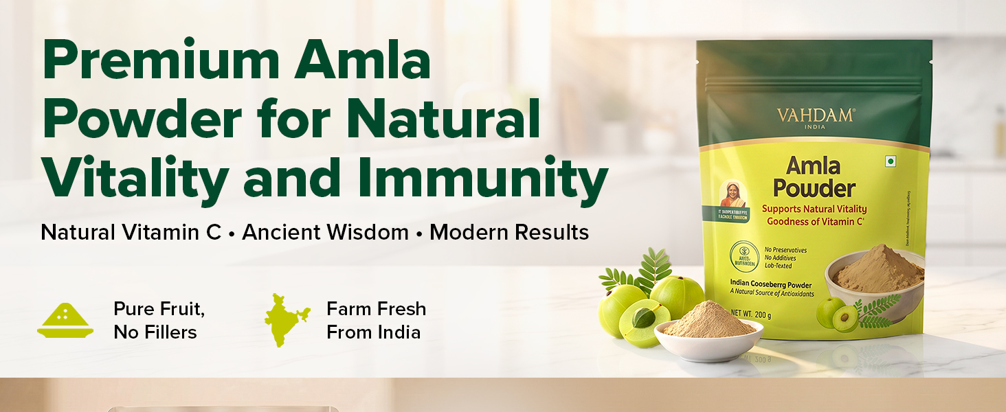 VAHDAM Amla Powder 200g | Natural Vitamin C Source | Supports Immunity, Hair & Natural Vitality | Ideal for Eating, Drinking & Skin | Vegan | 66 Servings