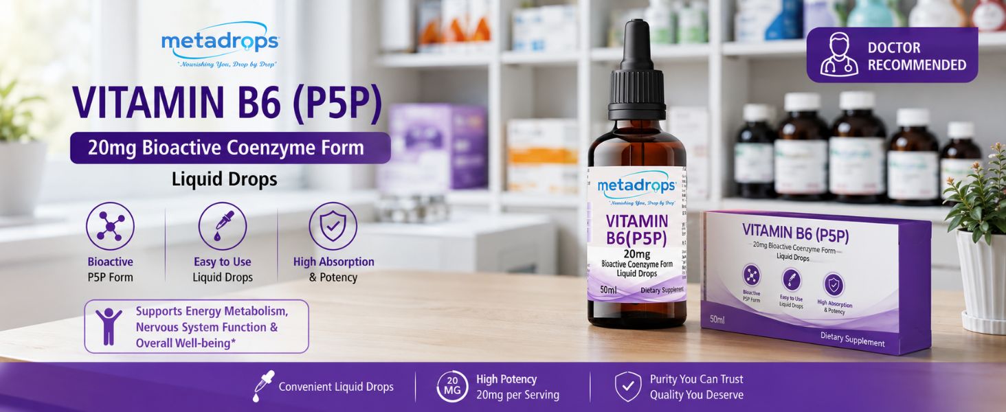 Advanced Vitamin B6 (P5P) Liquid Supplement – 20mg Active Form for Maximum Bioavailability – Supports Energy, Brain Health & Hormonal Balance – 100+ Vegan Servings (50ml) – Non-GMO & Gluten-Free