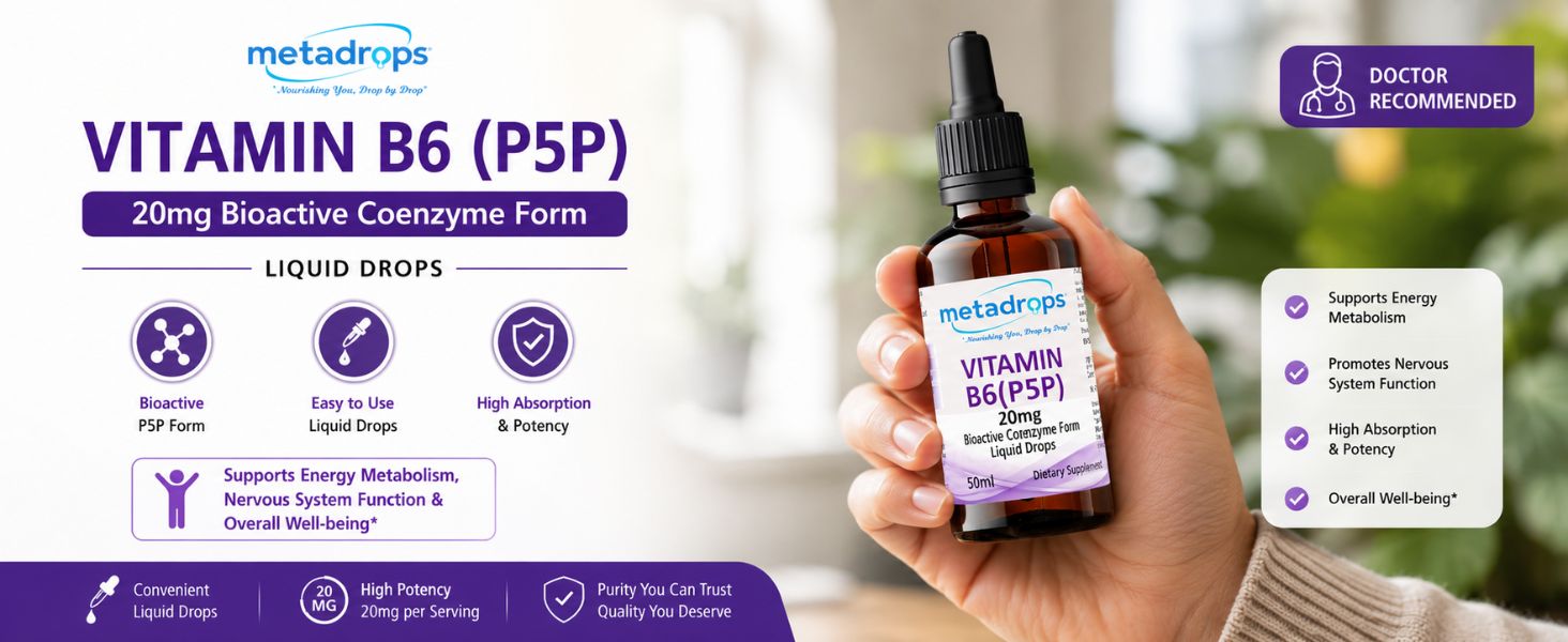 Advanced Vitamin B6 (P5P) Liquid Supplement – 20mg Active Form for Maximum Bioavailability – Supports Energy, Brain Health & Hormonal Balance – 100+ Vegan Servings (50ml) – Non-GMO & Gluten-Free