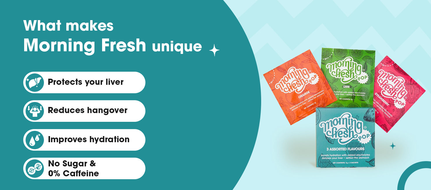 Morning Fresh Anti Hangover Cure and Liver Protection POP Sachet - (ASSORTED Flavors, 3 Sachets in 1 Box) Boosts hydration | Reduces hangovers | Effervescent mix with Vitamin-C, Mulberry Leaf extract & Proteins| No Caffeine & Sugar | |Clinically Proven|Easy-to -carry | Your last drink of the night to wake up fresh.