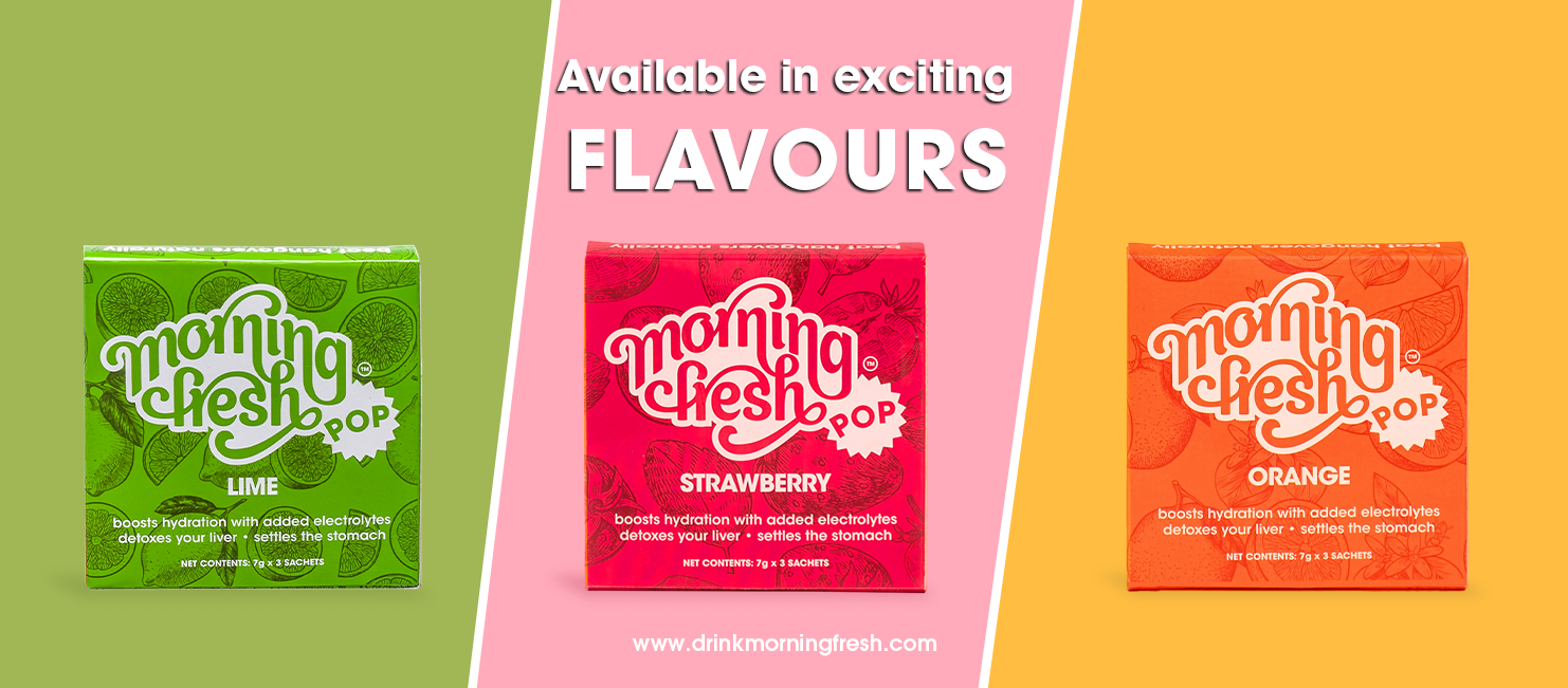 Morning Fresh Anti Hangover Cure and Liver Protection POP Sachet - (ASSORTED Flavors, 3 Sachets in 1 Box) Boosts hydration | Reduces hangovers | Effervescent mix with Vitamin-C, Mulberry Leaf extract & Proteins| No Caffeine & Sugar | |Clinically Proven|Easy-to -carry | Your last drink of the night to wake up fresh.