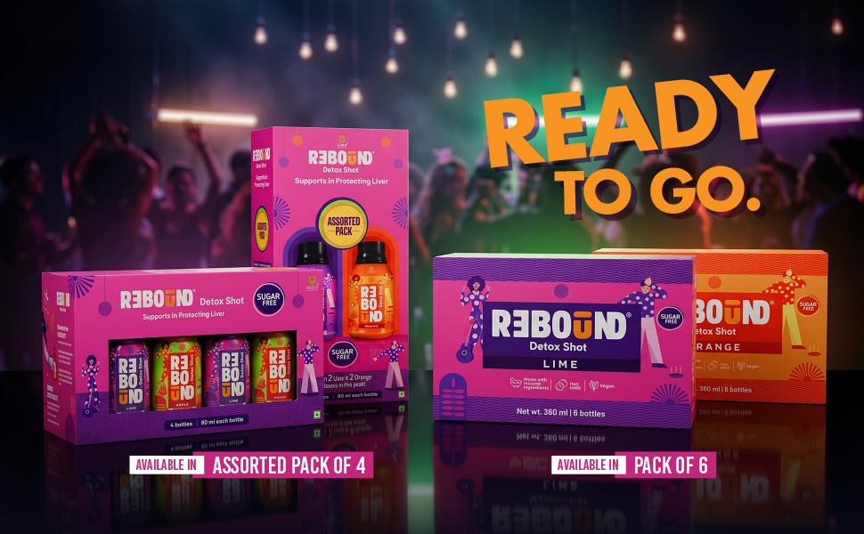Rebound Detox Shot - Assorted Pack of 04 (Lime and Orange)|Liver Detox Drink & Hangover recovery shot|Zero Sugar Natural Detox Beverage |Ayurvedic Morning Recovery Drink