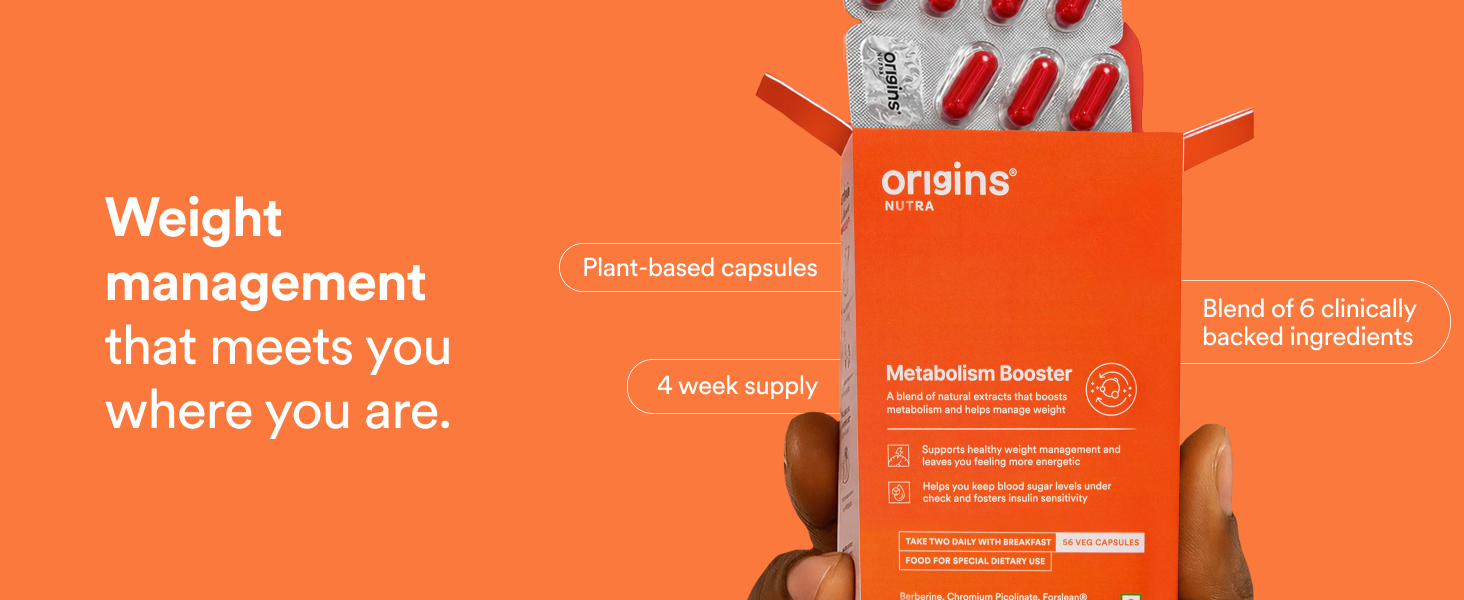 Origins Nutra Metabolism Booster | Berberine + 5 Active Ingredients | Helps Manage Inflammation & Boost Energy | 56 Veg Capsules | GMP Certified | Pack of 1
